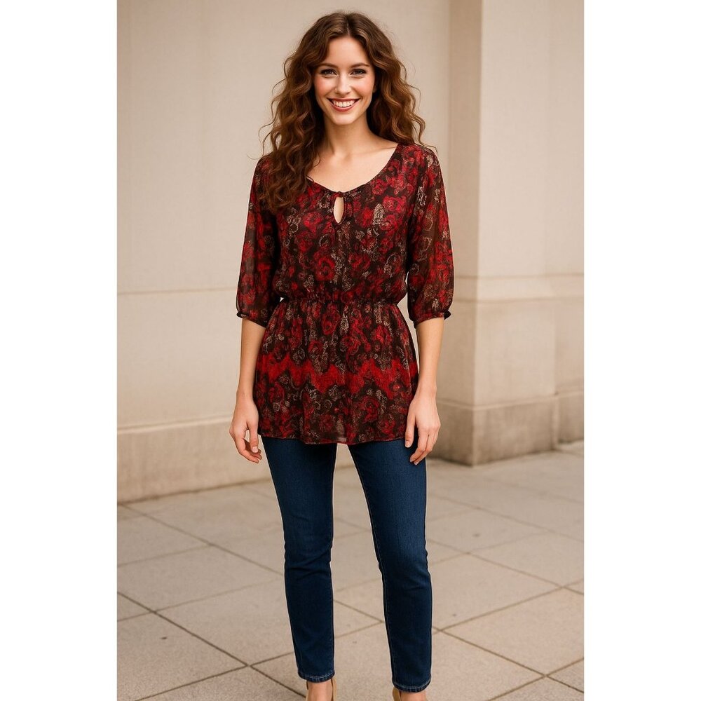 AGB XL Sheer Lace Tunic Red Black Snake Tie Neck Blouse Romantic Abstract Print